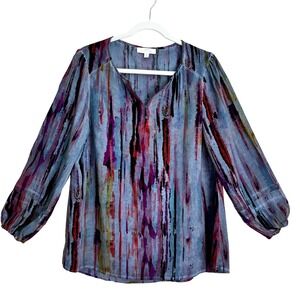 New Directions Blouse Abstract Boho Artsy Print Long Sleeve Button Up Top Size S